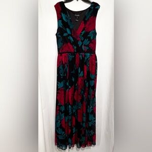 WOMENS SIZE 14 BLACK RED FLORAL SLEEVELESS LINED PULLOVER DRESS JEWELED WAIST
